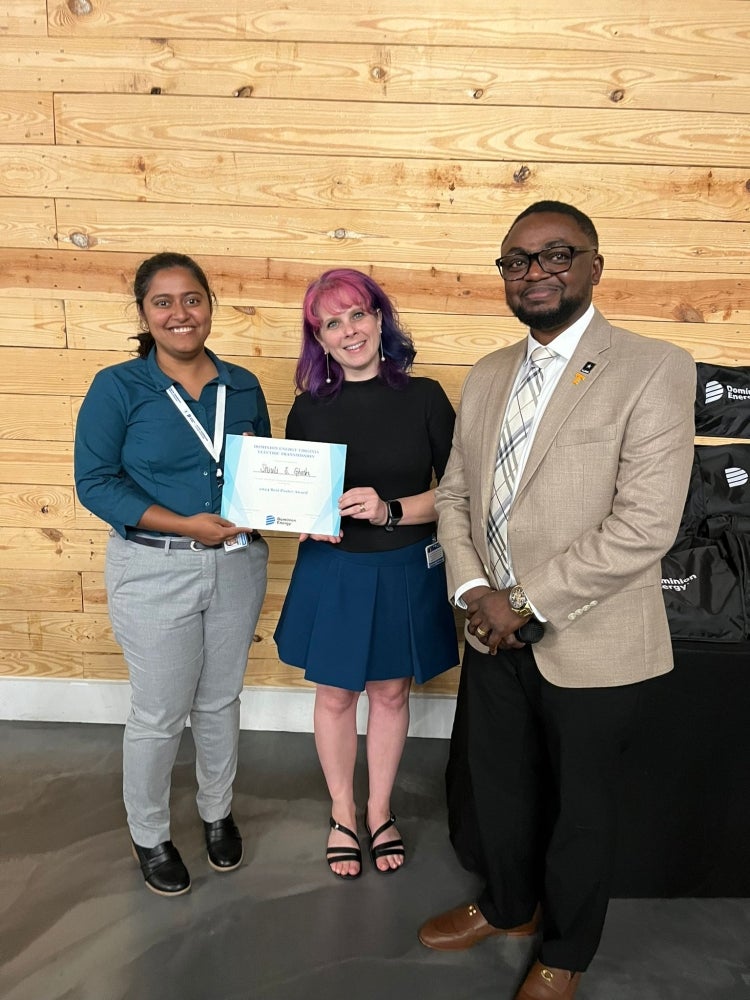 from left to right, Shiuli Subhra Ghosh (ECSE, RPI), Ketelynn Vance (Manager, ET Planning & Strategic Initiatives, Dominion Energy) and  Ibukunoluwa Olayemi Korede (Supervisor, ET Planning & Strategic Initiatives, Dominion Energy)