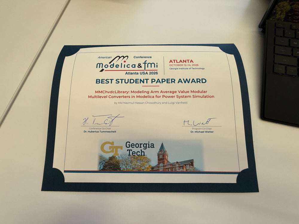 Best Student Paper Award certificate from the American Modelica & FMI Conference 2026, Atlanta, Georgia Institute of Technology.